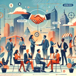 DALL·E 2024 07 17 13.52.56 An illustration of a diverse group of professionals networking in a modern vibrant city setting. The image includes elements like handshake business